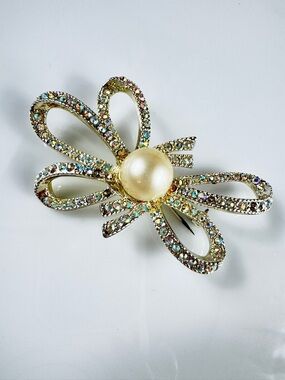 Vintage Gold-Tone Pearl & Aurora Crystal Bow Brooch - Women Jewelry